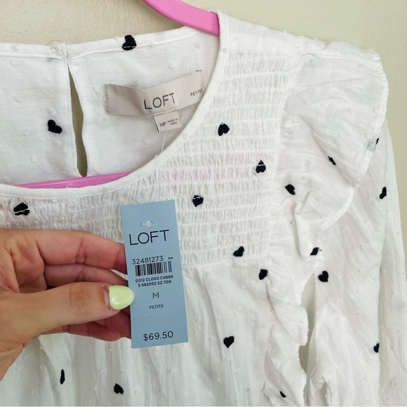 NEW Ann Taylor White Heart Print Long Sleeve Ruffle Top - Picture 3 of 6